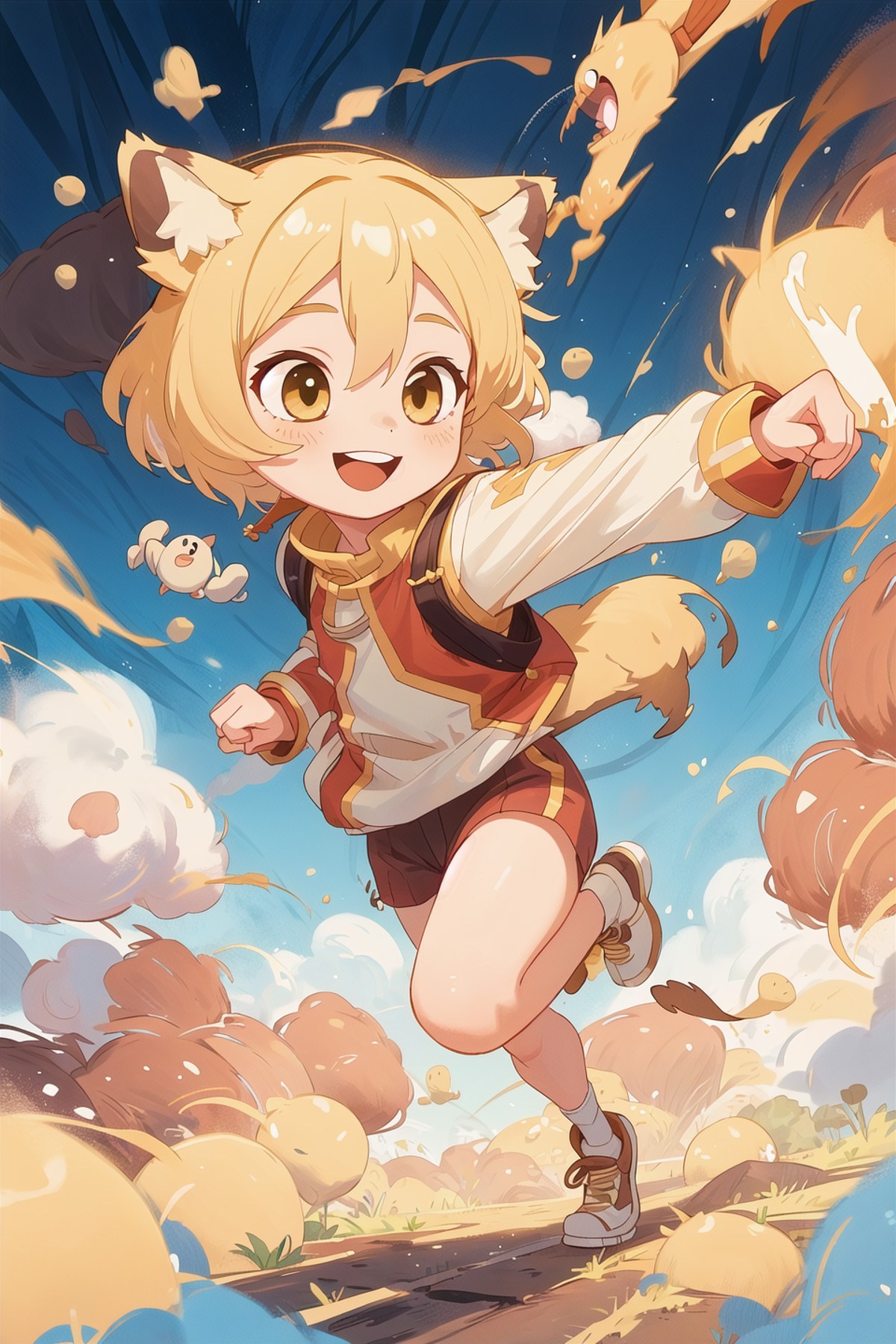masterpiece,best quality,1girl,solo,antasy,blonde short hair,animal ears,action,dynamic,run,smile